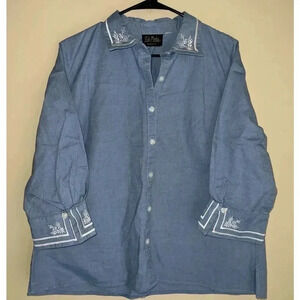 Bob Mackie Wearable Art Western Style Embroidered Button Down Shirt Large Blue